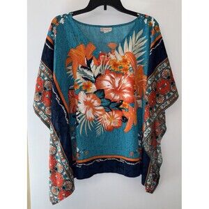 CJ Bank Size XL Tropical Kimono Woman Vneck Blouse Vacation Top Preown Chest 52"